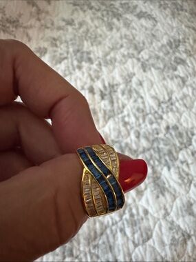 Gold-tone Wave Ring with Blue and Clear Stones